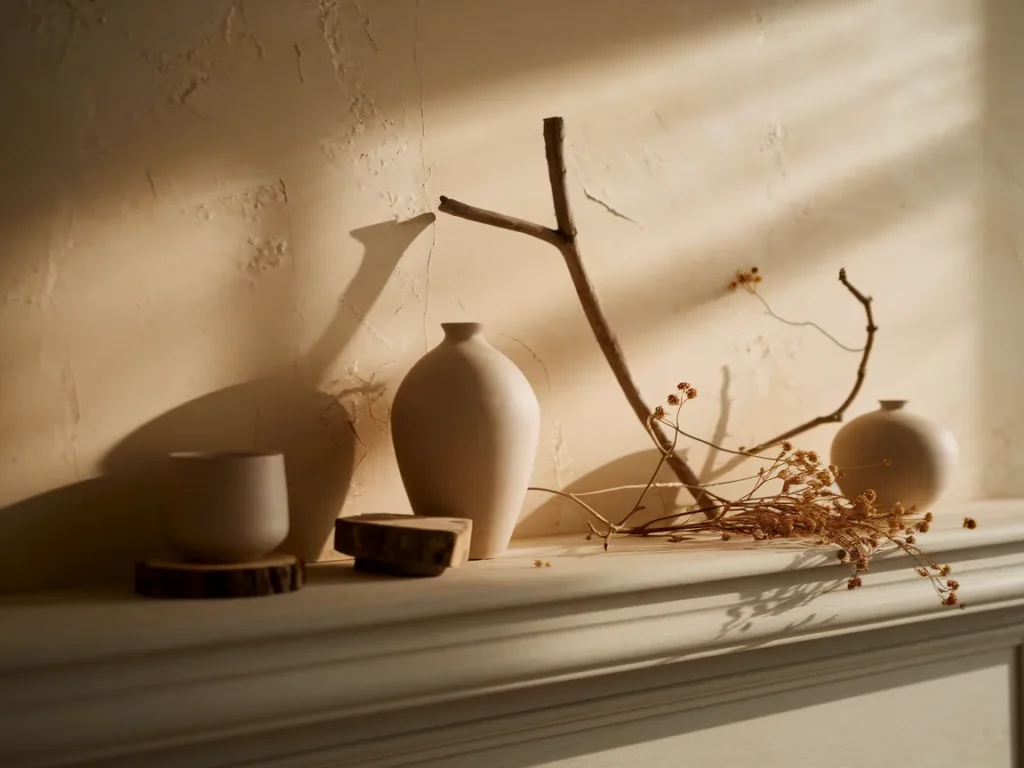 Neutral toned mantel decor with beige ceramics