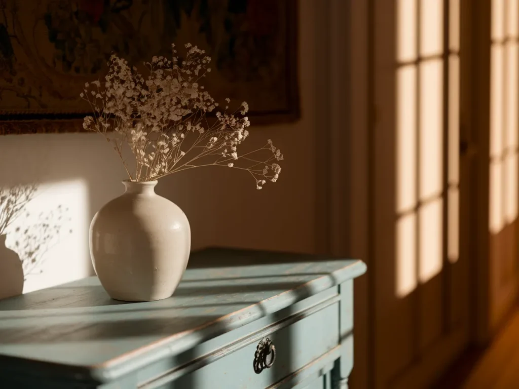 Neutral vase with dried flowers on wooden console