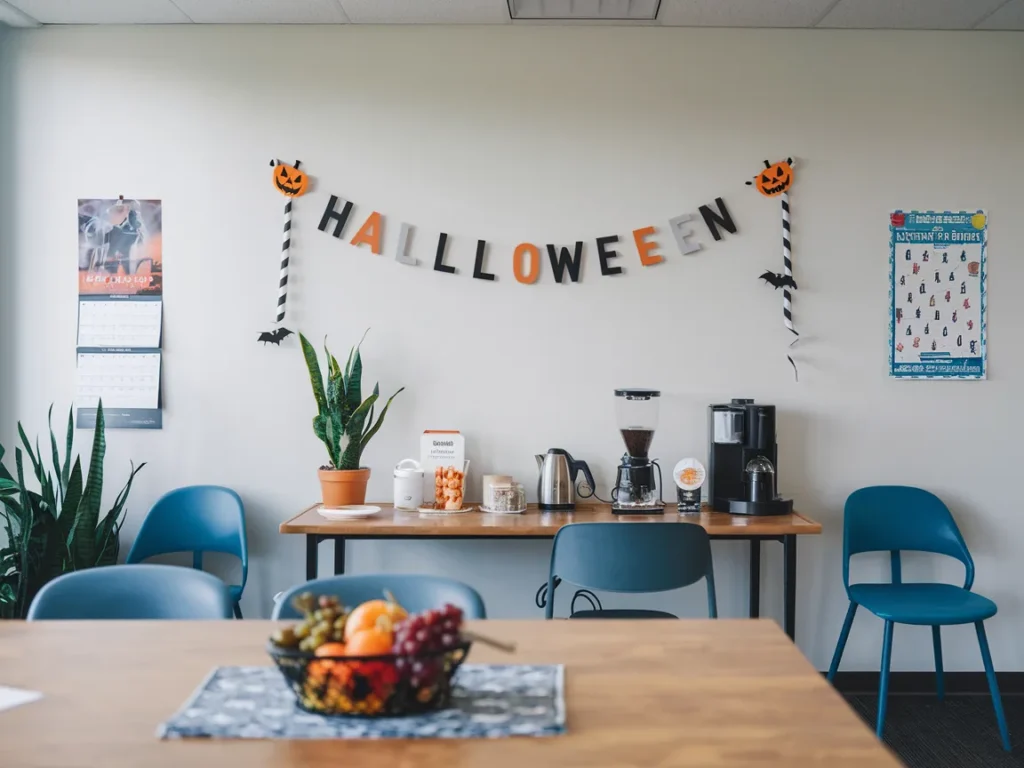 Office break room with Halloween garland on wall