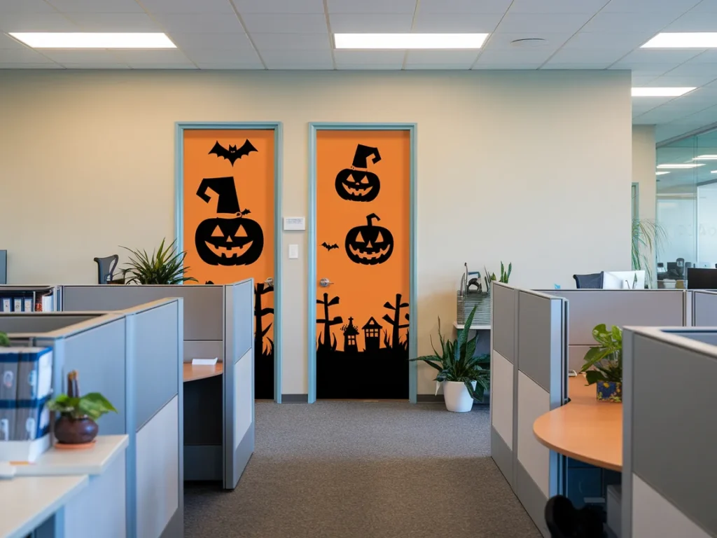 Office cubicles with Halloween-themed door