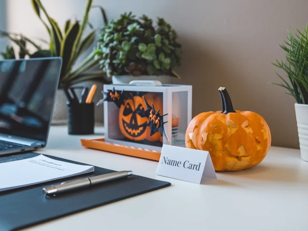Office desk with small Halloween decor kit