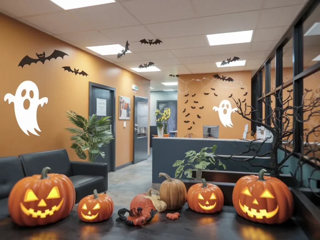 Office reception area decorated for Halloween