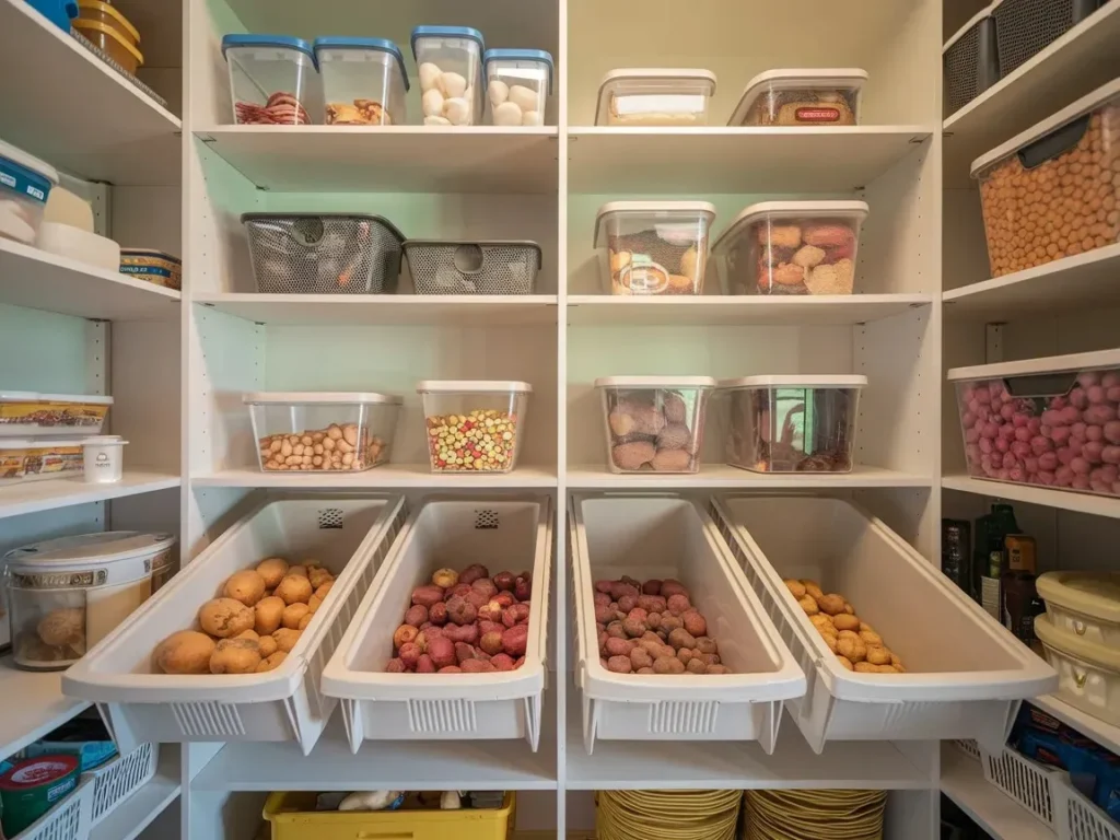 Open bins holding onions and potatoes