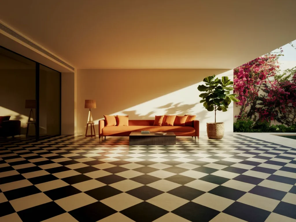 Open concept space with large-check checkerboard