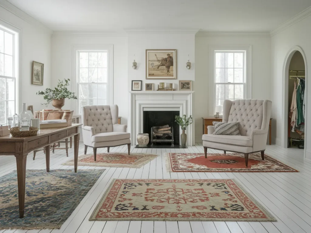 Open floor plan shabby chic living area