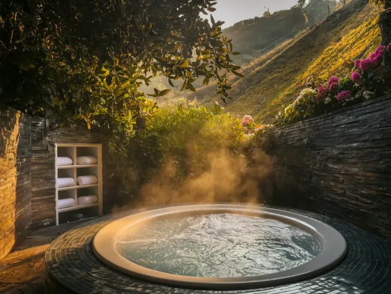 Outdoor Jacuzzi area with towel storage cabinet