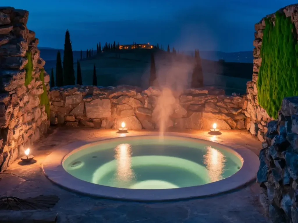 Outdoor Jacuzzi at night with warm ambient lighting
