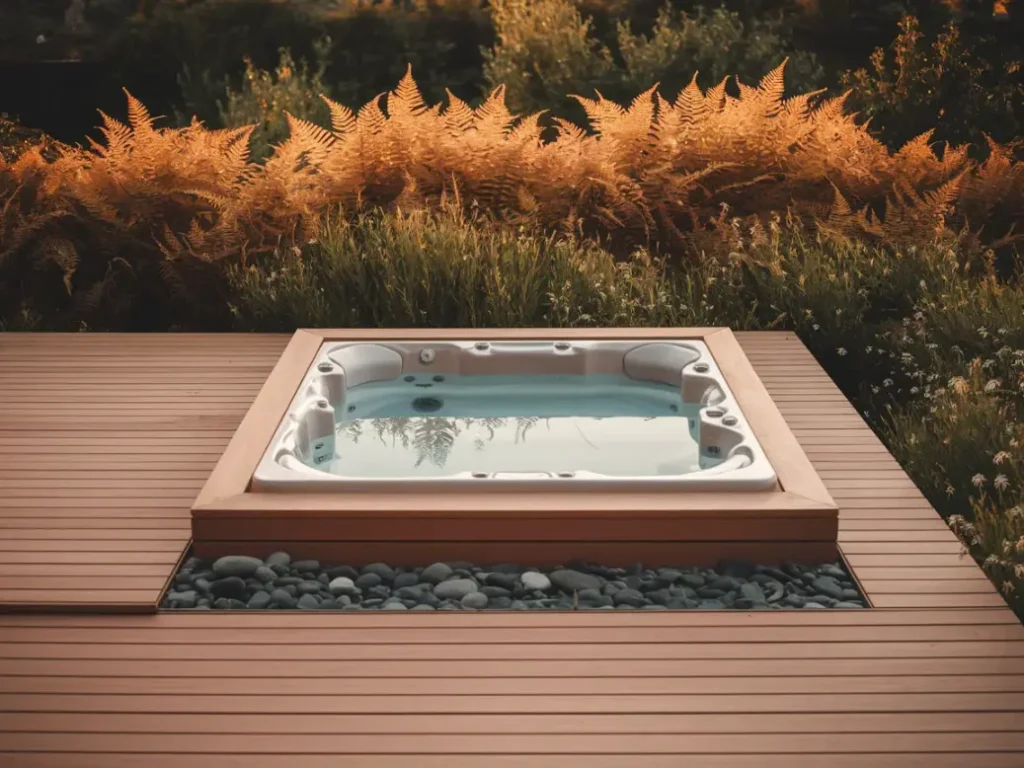 Outdoor Jacuzzi installed on wooden deck