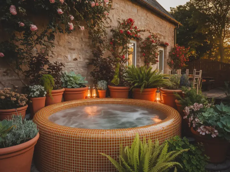 Outdoor Jacuzzi surrounded by potted plants 