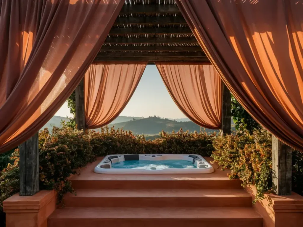 Outdoor Jacuzzi under wooden pergola