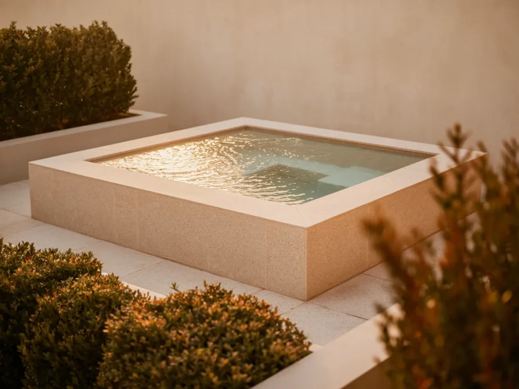 Outdoor hot tub installed on stone or concrete base