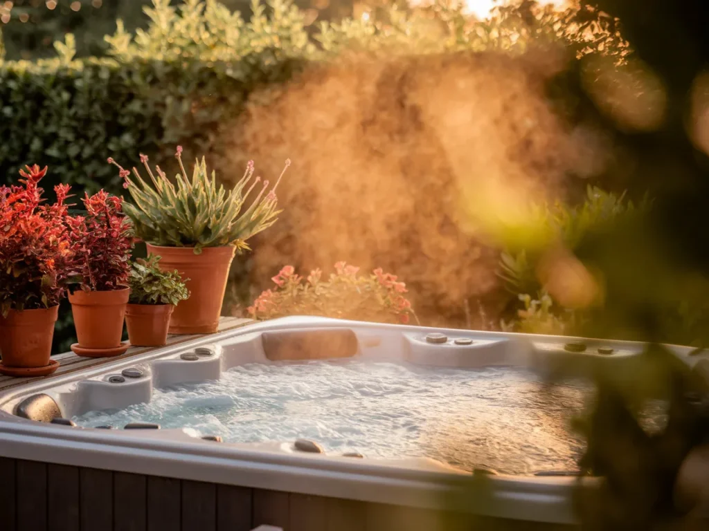 Outdoor hot tub surrounded by potted plants and greenery
