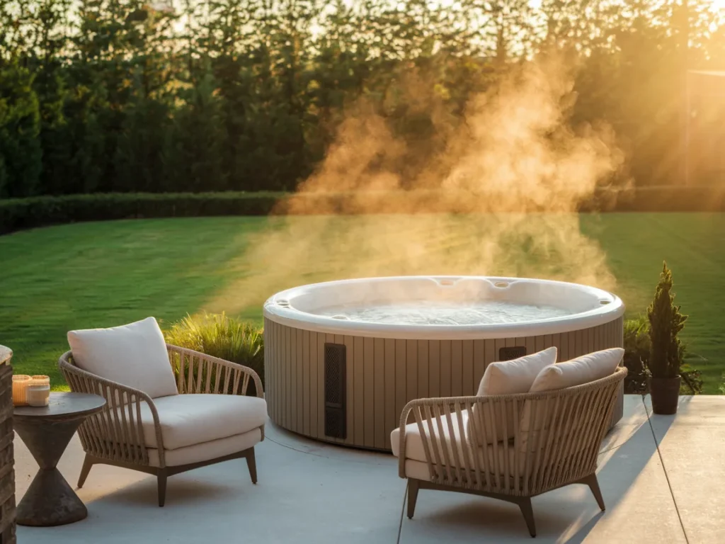 Outdoor hot tub with nearby seating area