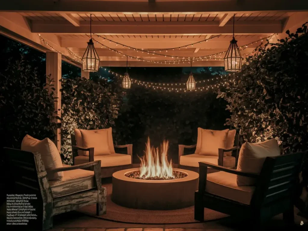Outdoor patio fire pit seating area at night