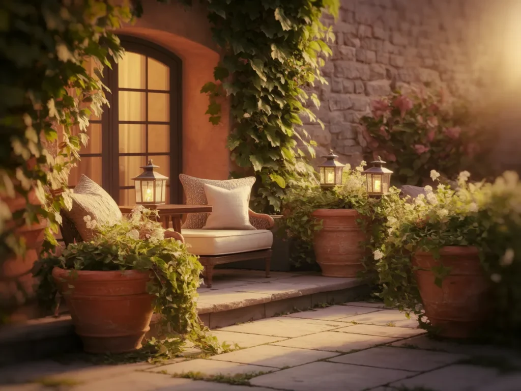 Outdoor patio seating area with lantern lights glowing
