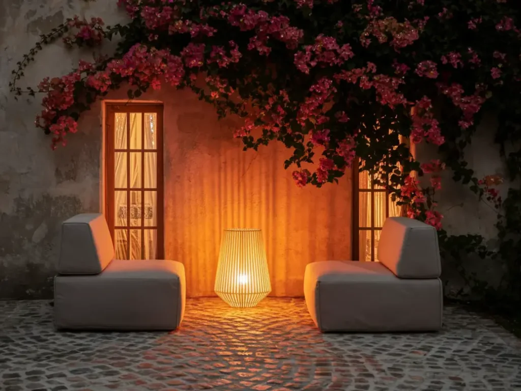 Outdoor patio with weather-safe floor lamp beside seating