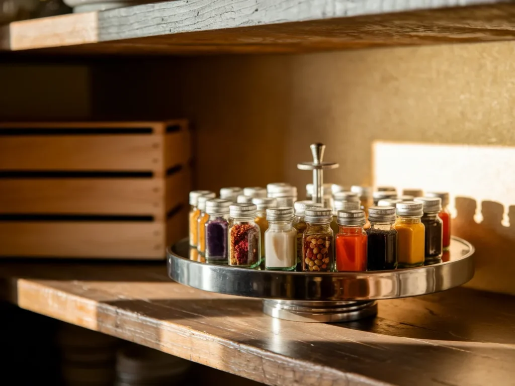Pantry shelf with a lazy Susan holding small jars
