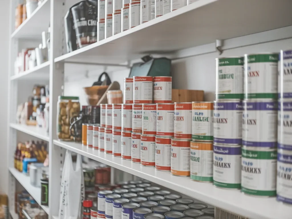 Pantry shelf with canned goods aligned