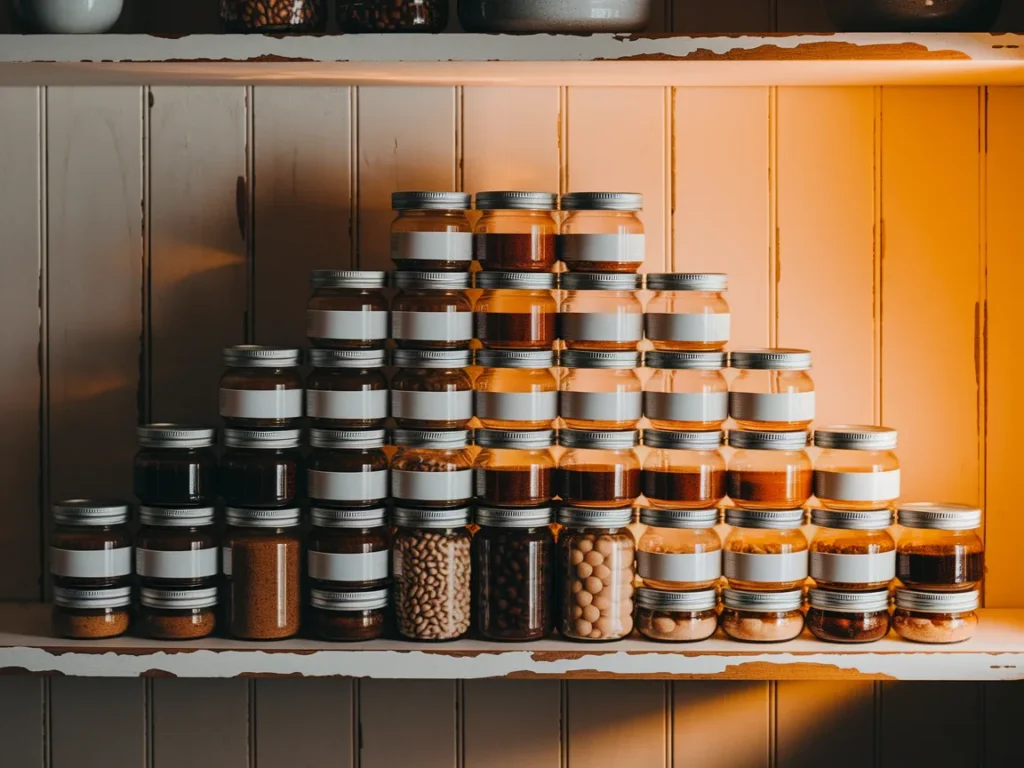 Pantry shelf with tiered riser displaying