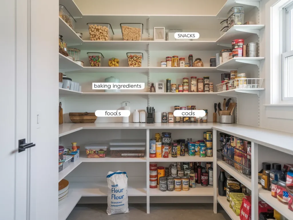 Pantry shelves clearly divided into labeled food zones