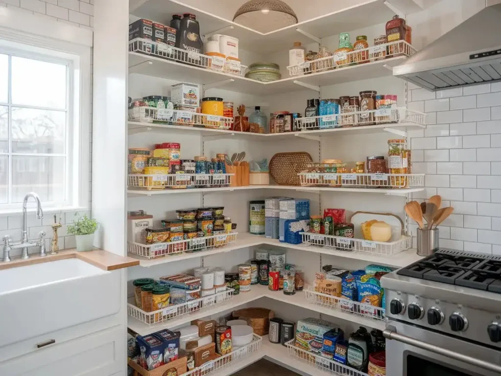 Pantry shelves spaced for clear visibility