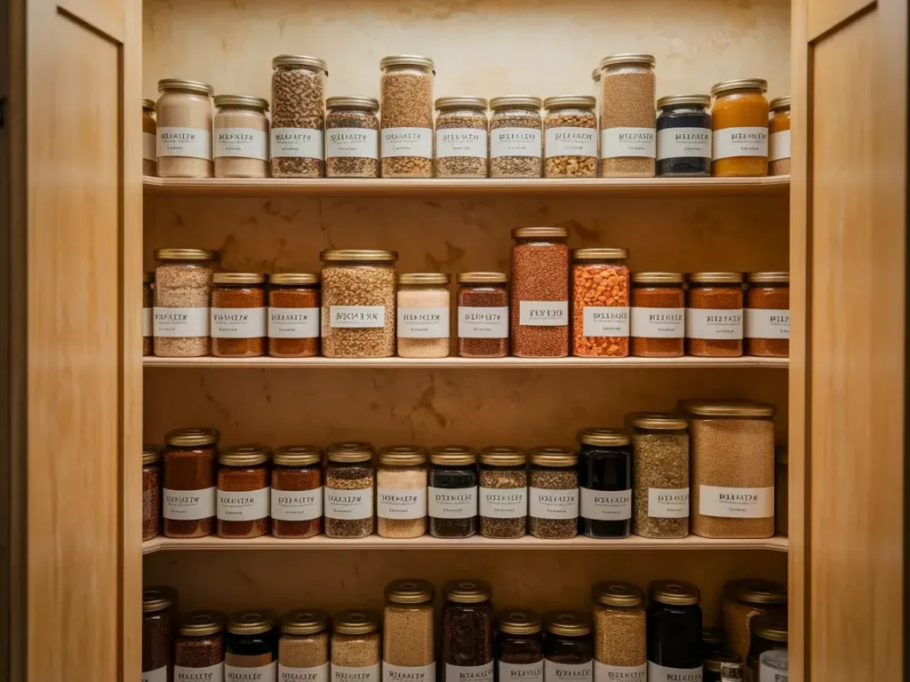 Pantry with labeled backstock shelf holding extra