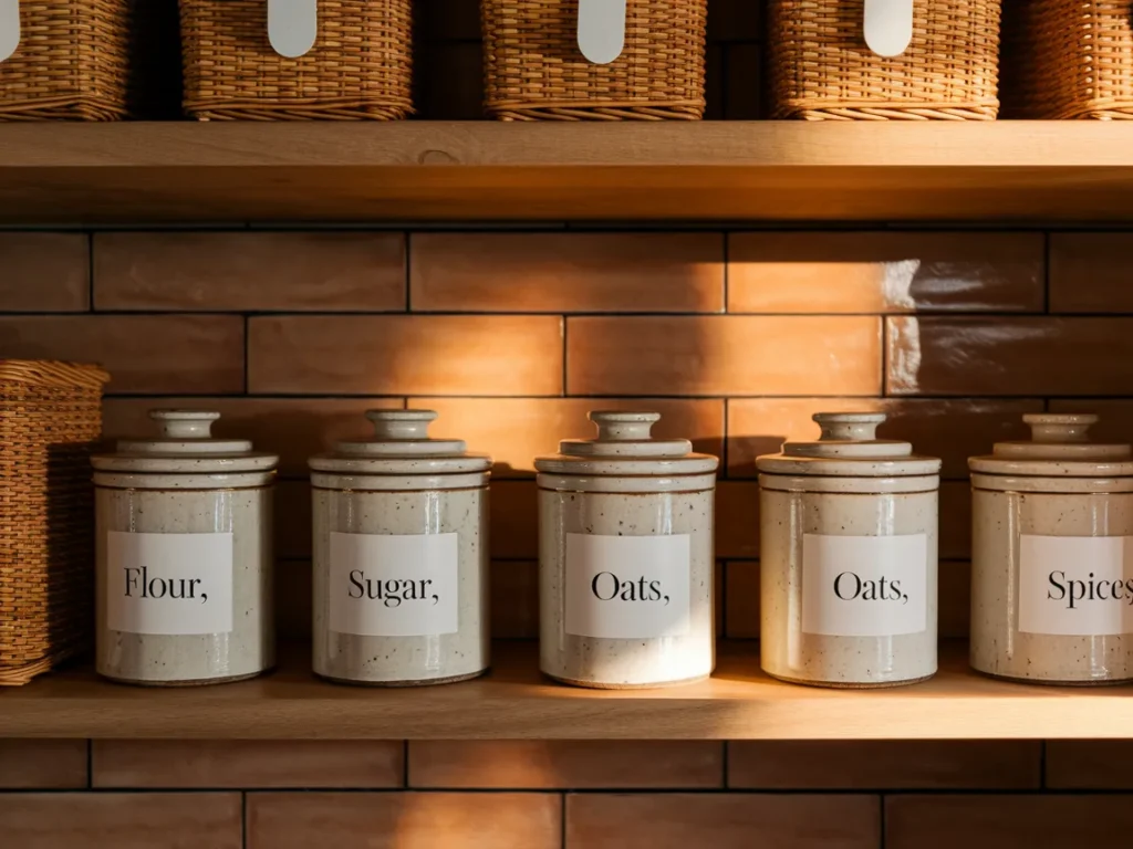 Pantry with labeled bins and containers
