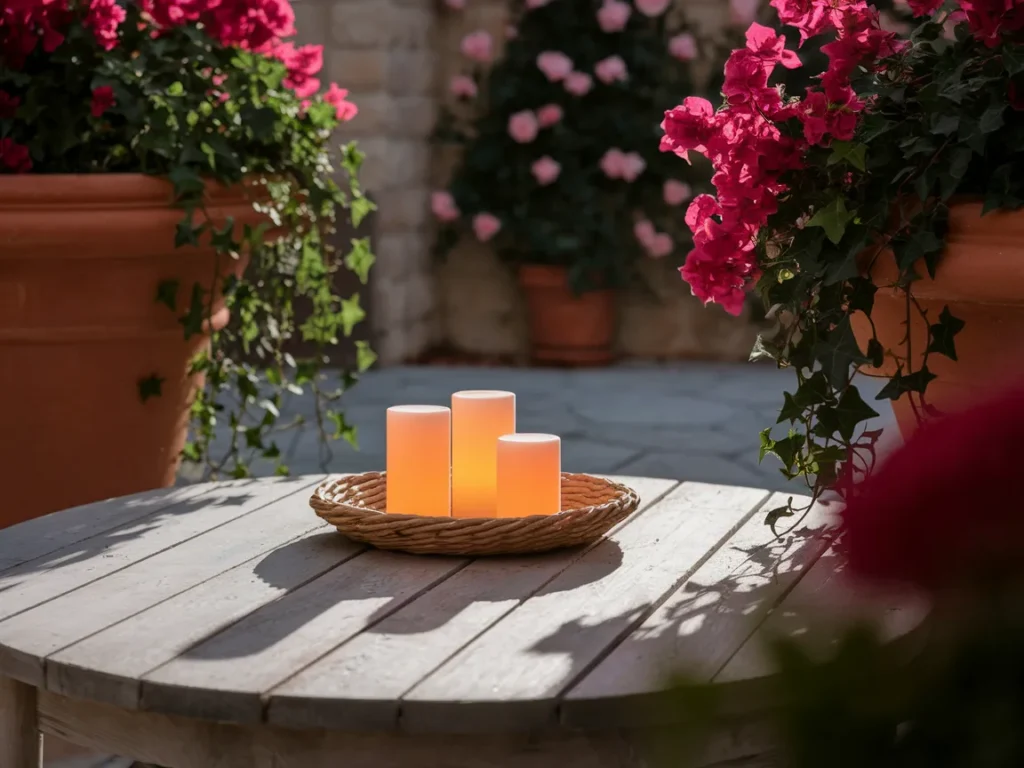 Patio table tray centerpiece with LED candles