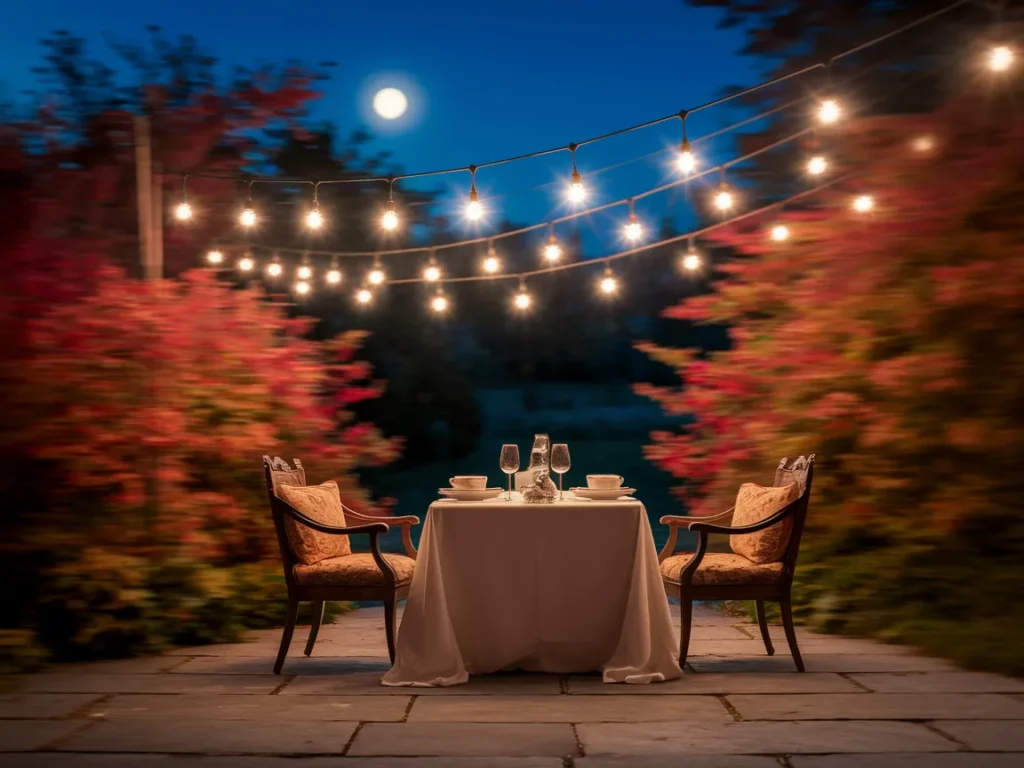 Patio table with umbrella lights glowing at night
