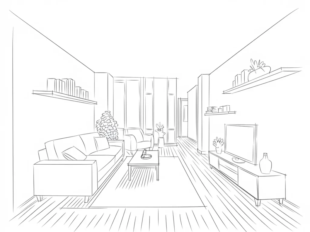 Perspective sketch of apartment living room