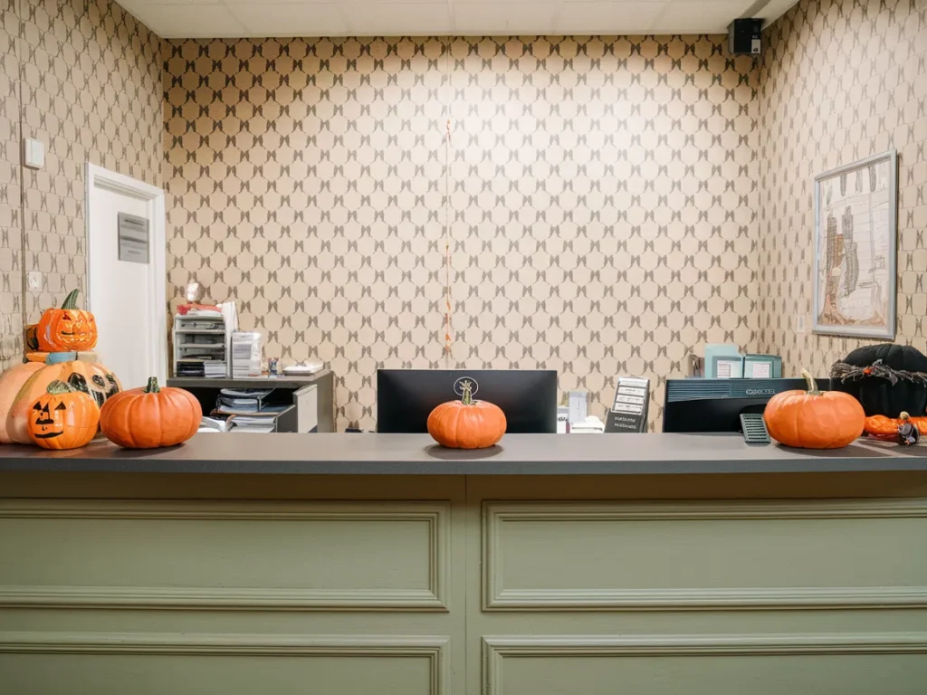 Reception desk with small decorative pumpkins