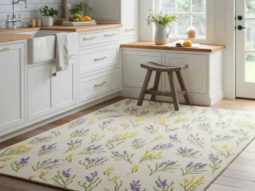 Rectangular area rug with scattered wildflower design