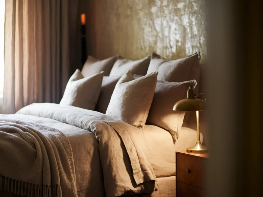 Romantic bedroom bed with layered neutral bedding