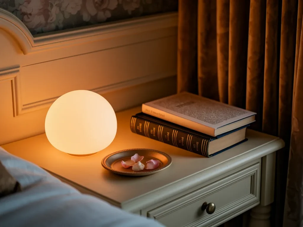 Romantic bedroom bedside table styled