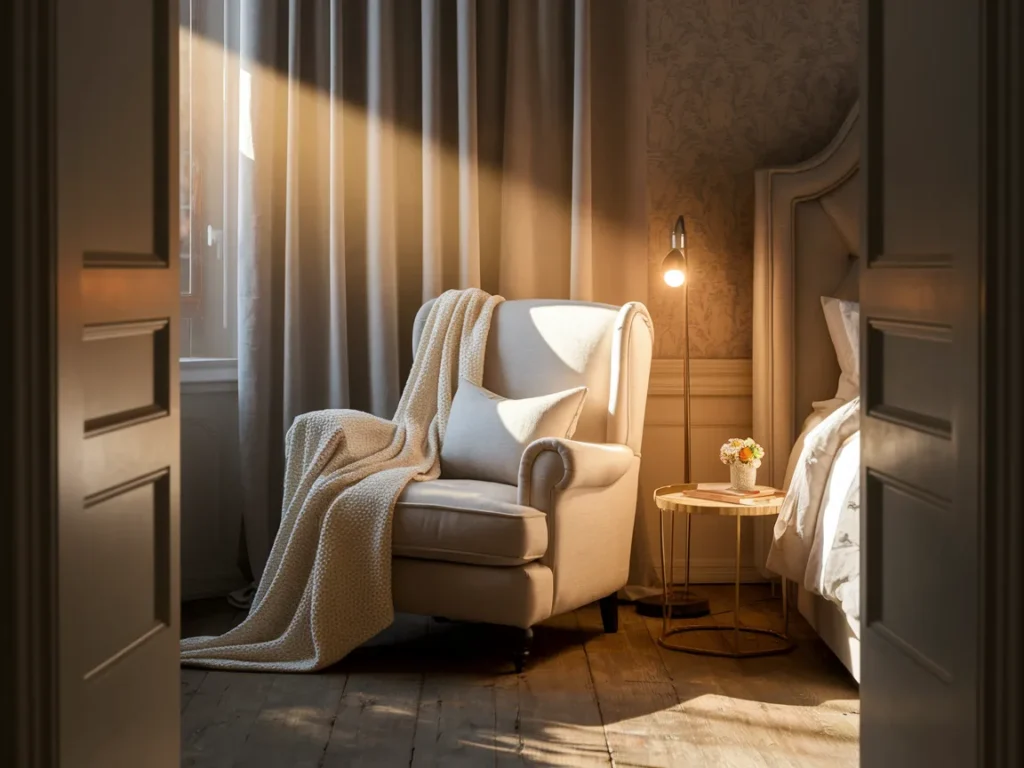 Romantic bedroom corner with cozy chair