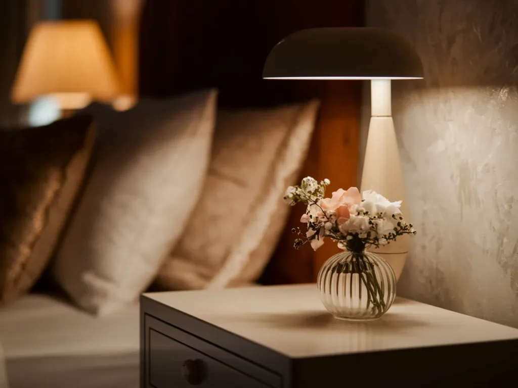 Romantic bedroom nightstand with small floral arrangement