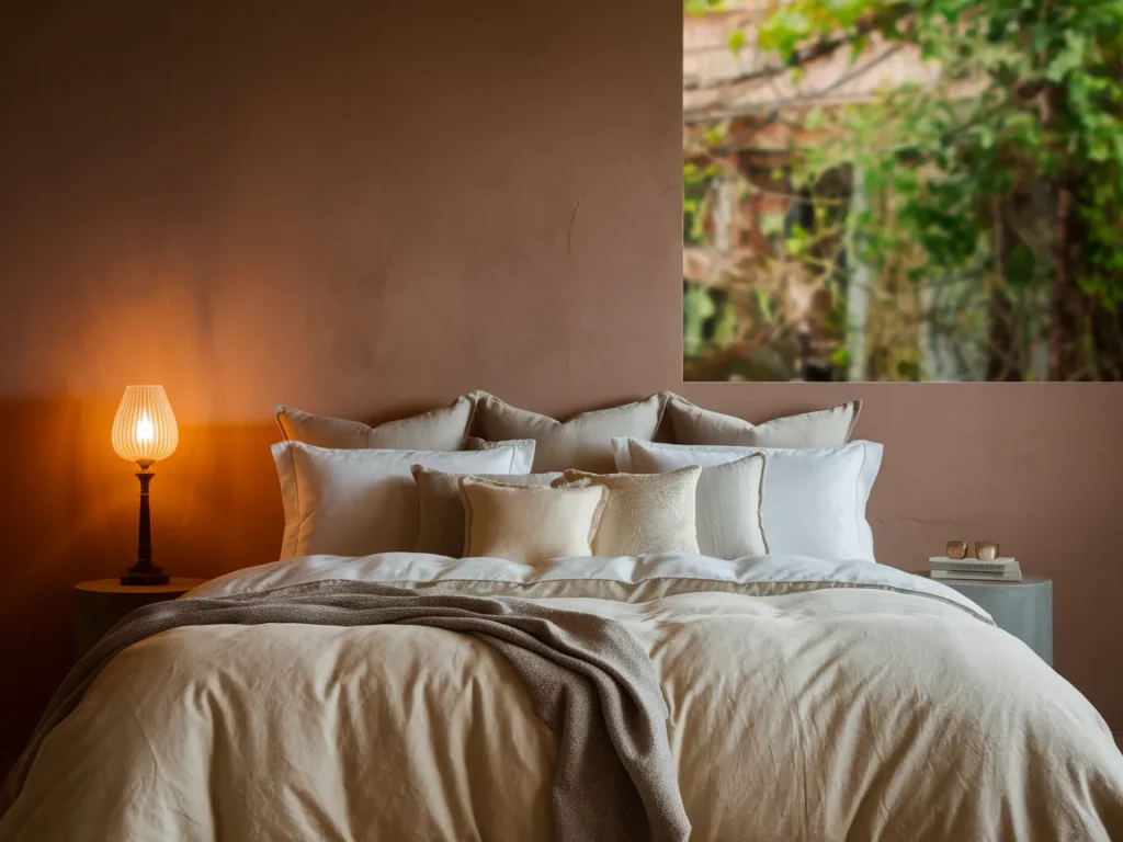 Romantic bedroom with calm accent wall behind bed,