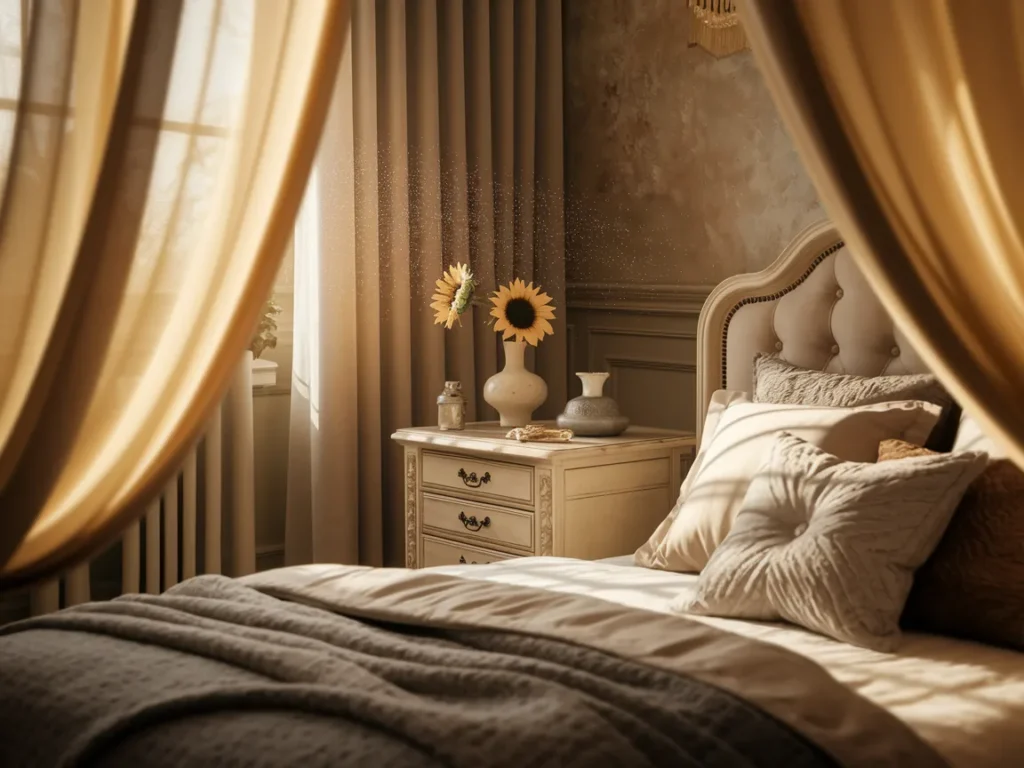 Romantic bedroom with sheer curtains glowing