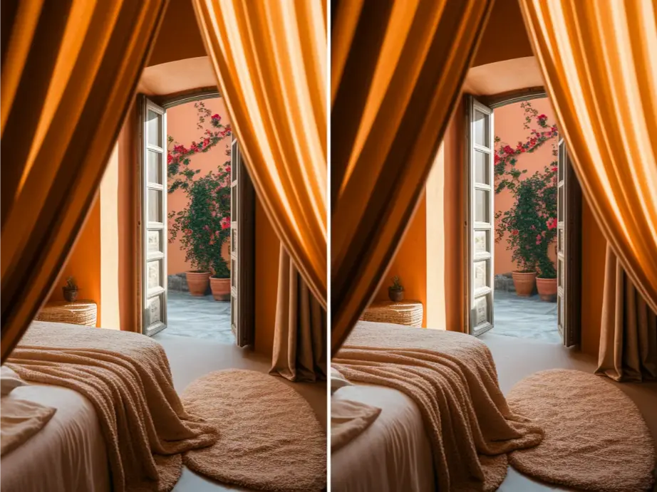 Romantic bedroom with soft rug beside bed