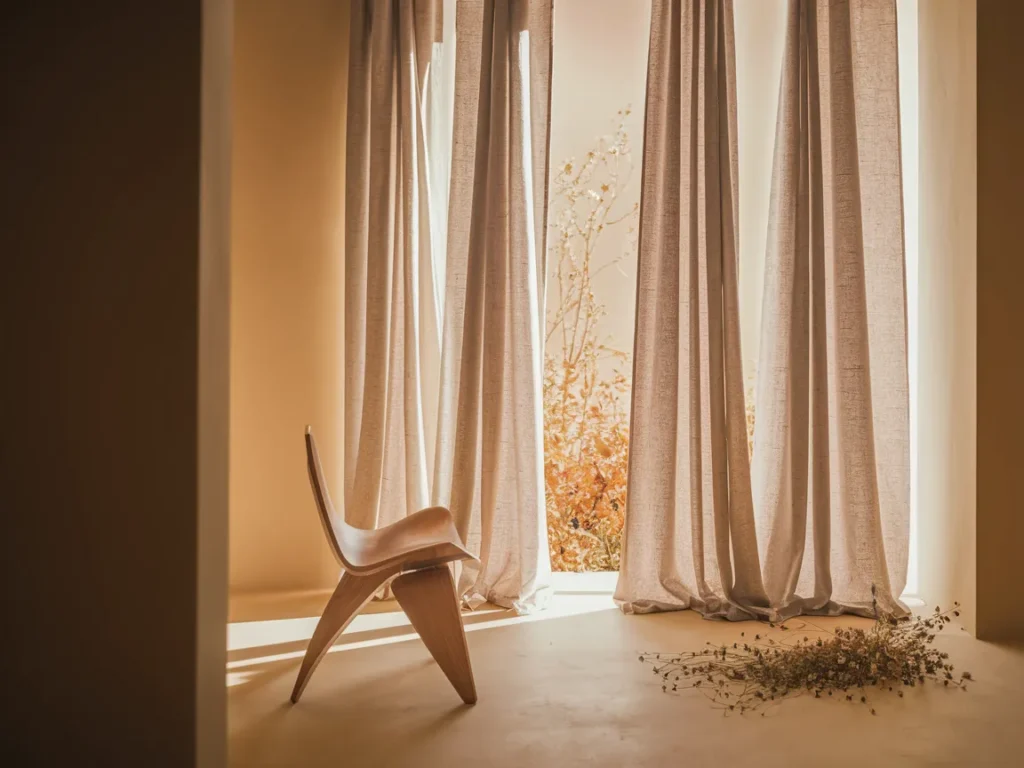 Room with linen curtains hung high near ceiling
