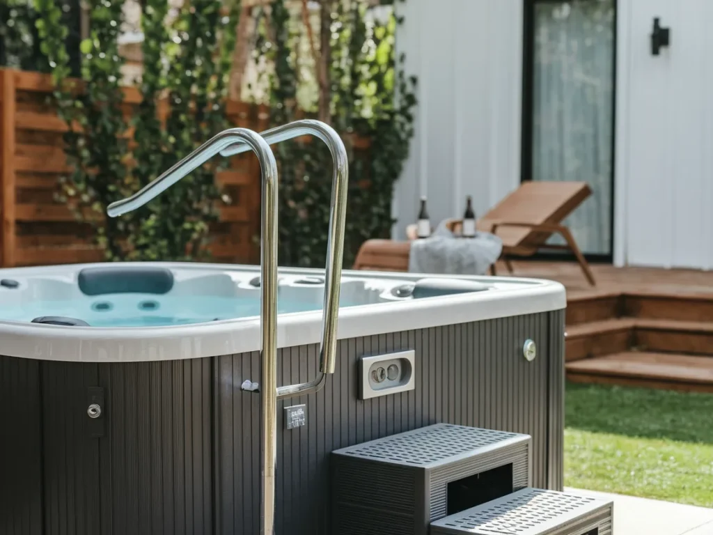 Safety-focused image showing a hot tub with proper safety features