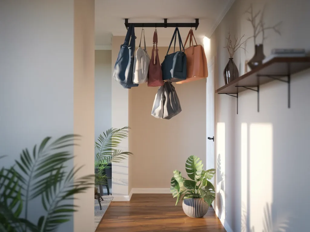 Seiling hooks holding bags neatly,