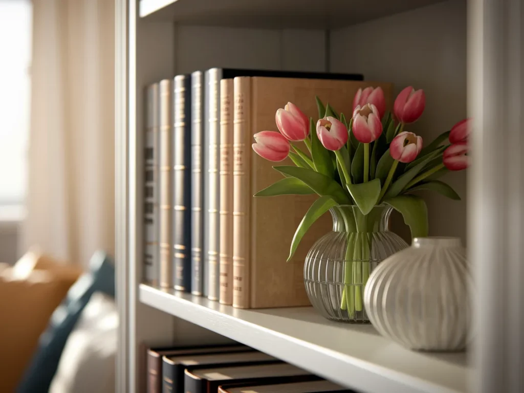 Shelf styling with small tulip vase