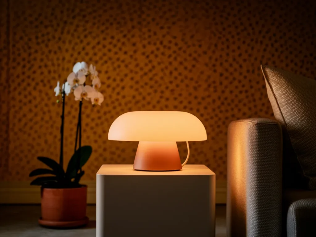 Side table with modern table lamp beside sofa