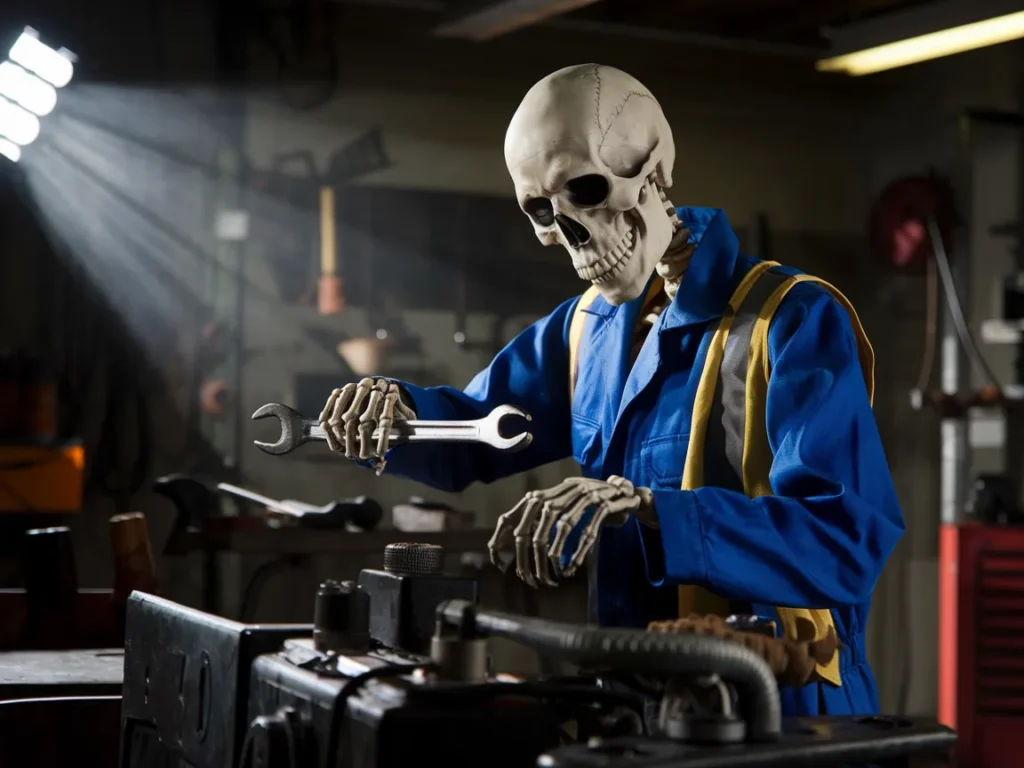 Skeleton mechanic scene inside garage