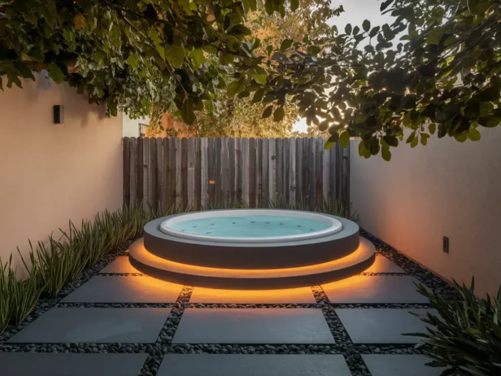 Small backyard with compact outdoor hot tub