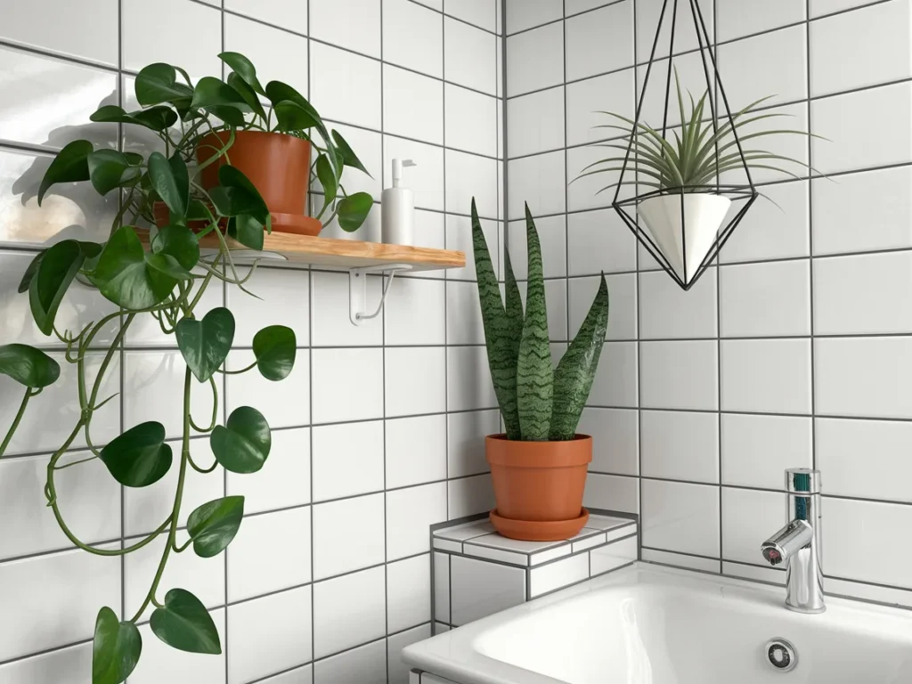 Small bathroom corner showing three plants