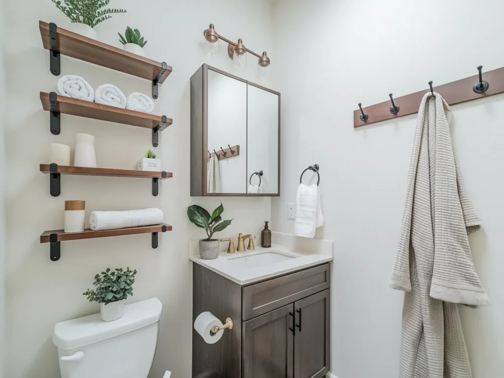 Small bathroom showing vertical storage solutions