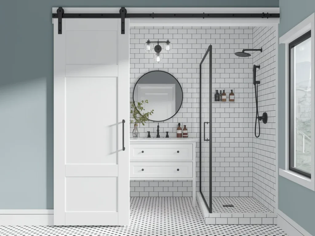 Small bathroom with white painted pocket door sliding into wall