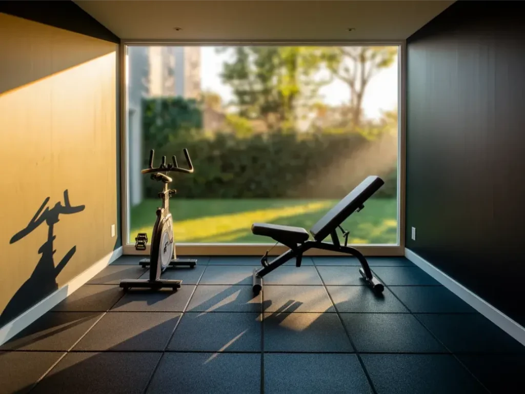 Small home gym room with wall-to-wall rubber flooring